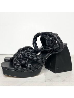 Circus Sam Edelman Mable Black Faux Leather Braided Block Heel Sandal 9 1/2 M